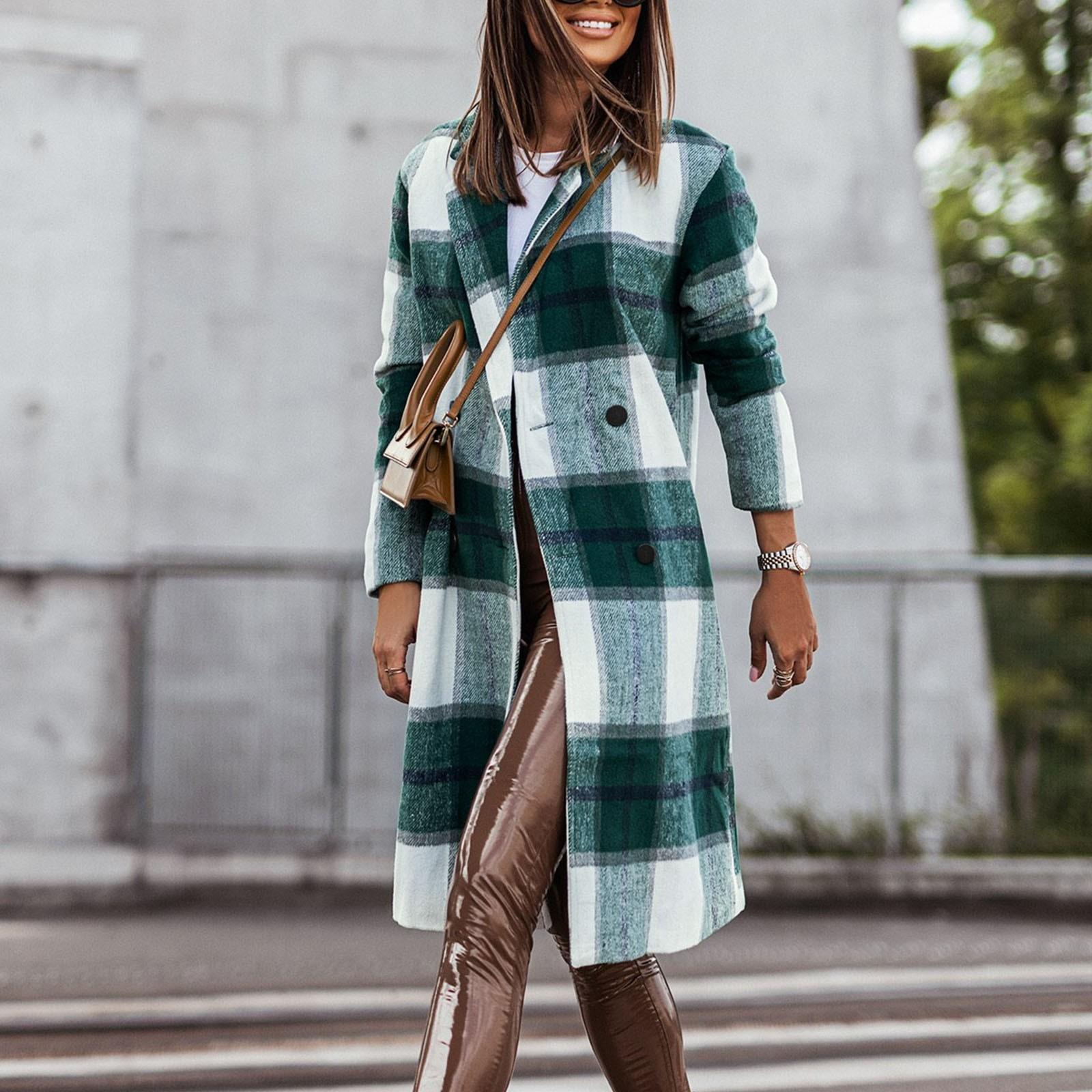 

Женское двубортное пальто без карманов в клетку средней длины с длинными рукавами и верхняя одежда XL зелёный
