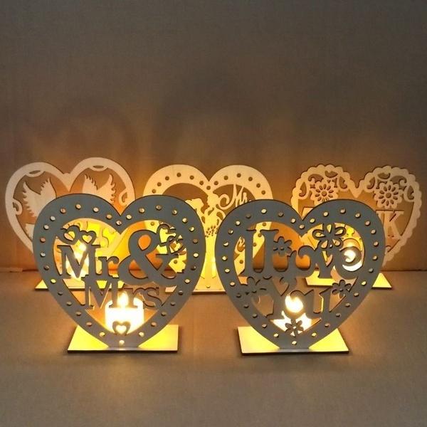 1pc Cute Wooden Heart Sharped LED Candle Lamp Table Ornament Wedding Party Festival Decor