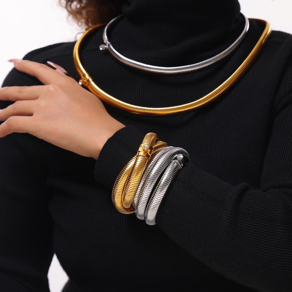Titanium Steel Plated with 18K Gold, Personalized Exaggerated Zircon-inlaid Open Multi-ring Bracelet, Creative Necklace, Two Kinds of Wear