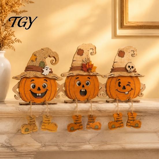 Rustic Farmhouse Halloween Ornaments 3PCS Distressed Wooden Pumpkin Ornaments, Witch Hats And Ghost Patches Retro Gothic Mantel Decor Decor,