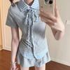 Korean Plaid Summer Patchwork Two-Piece: Short Sleeve Top & High Waist Skirt