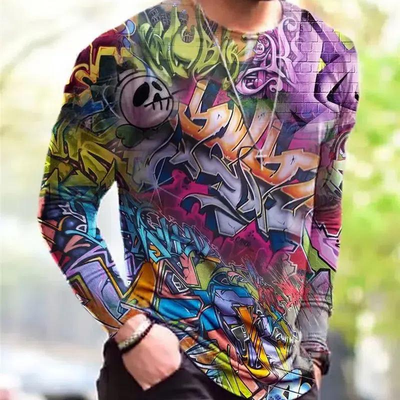Men Spring And Fall Fashion Classic Street Casual 3d Printing O Collar Long Sleeve Loose Personality T-Shirt Plus Size Top
