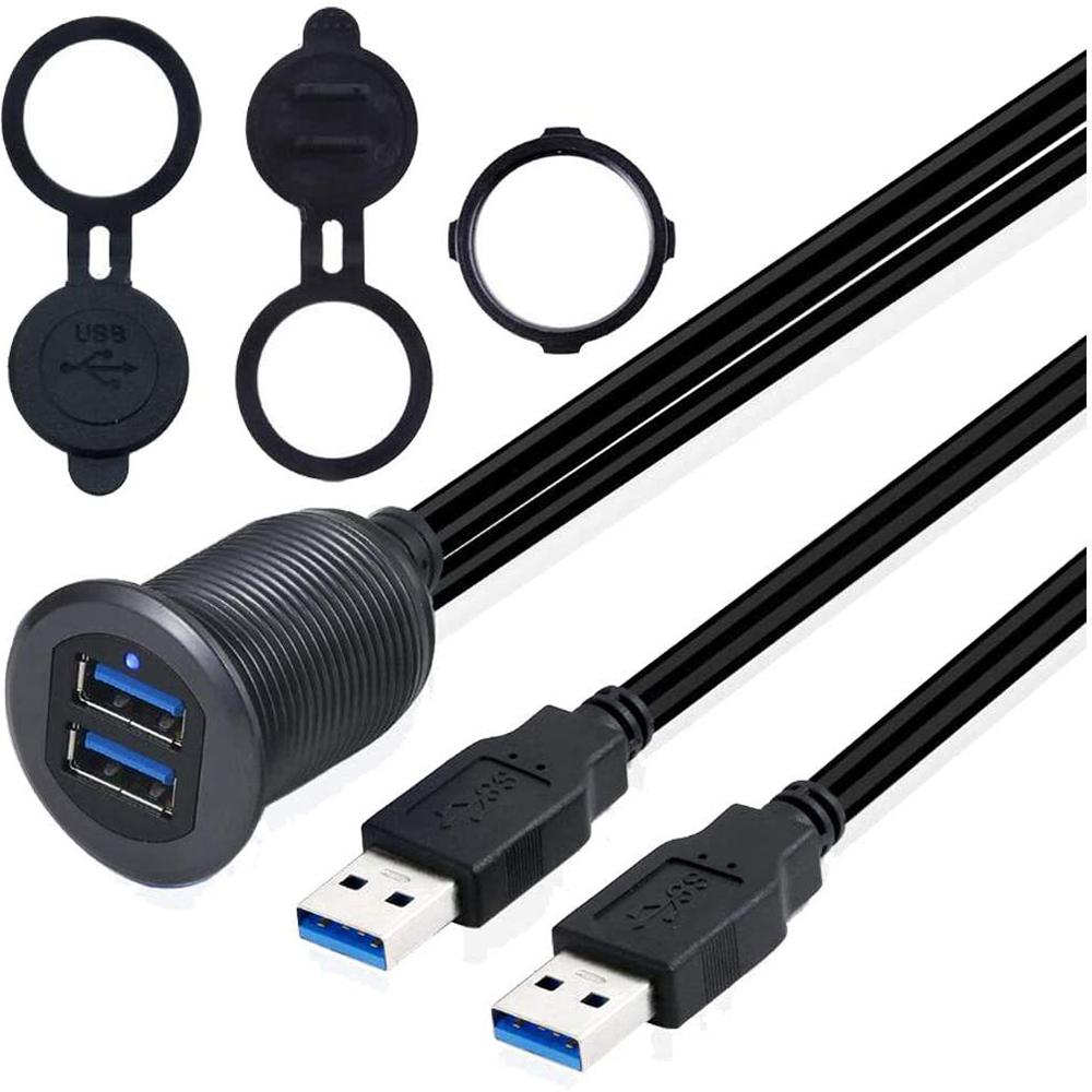 

1m Metal Case Dual USB 3.0 Extension Cable Waterproof Car Dashboard Data Cable Mount Panel with LED for Ship/Motorbike/Car Dashboard Black