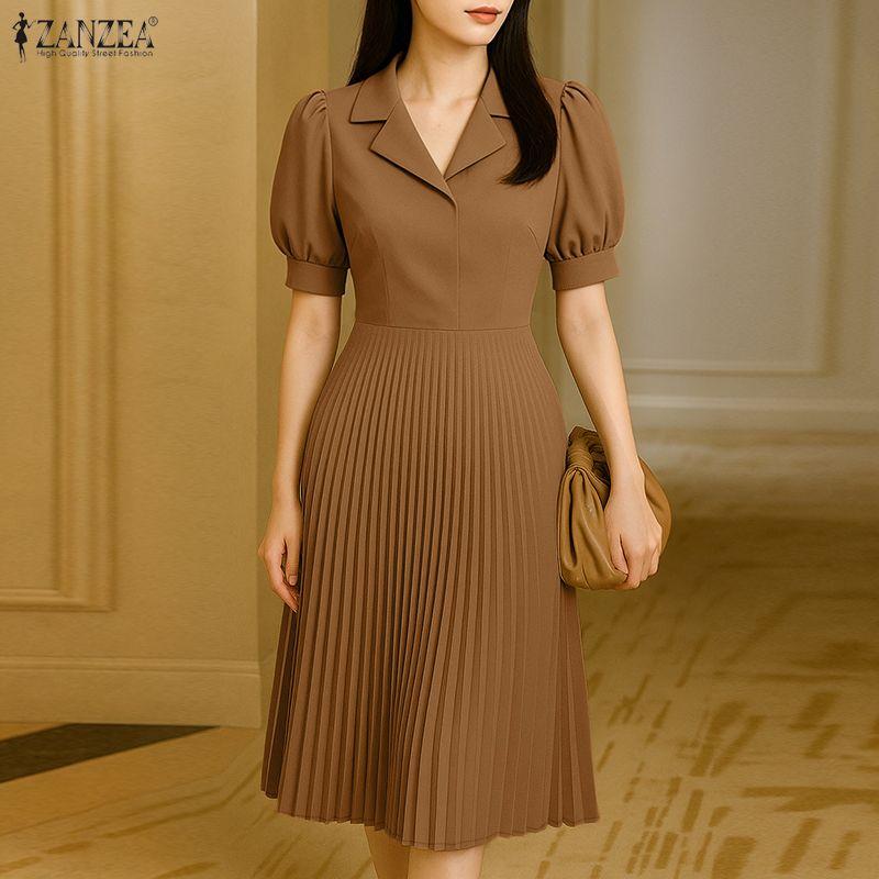 ZANZEA Women Elegant Turn Down Collar Casual Short Sleeve Pleated Dress