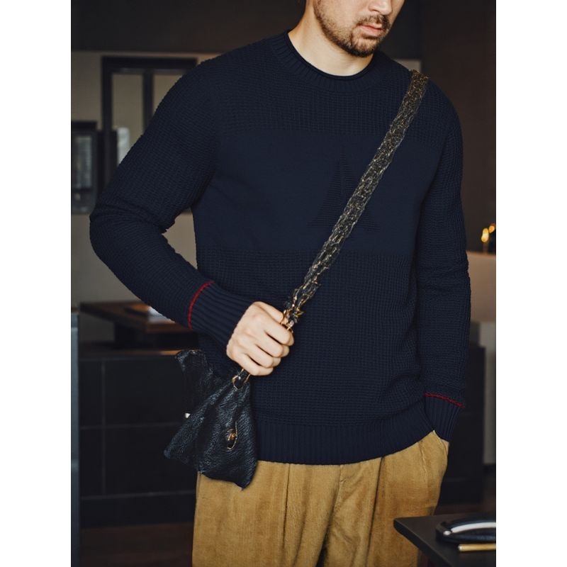 American Old Money Style Light Luxury Pure Cotton Round Neck Jacquard Sweater for Men, Winter Base Layer, Export Men's Clothing, All-Cotton Knitwear