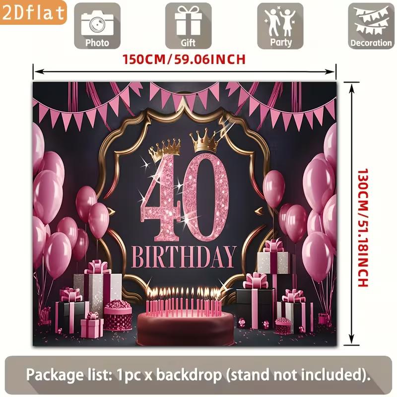 2D 40th Birthday Photography Backdrop Pink Black Background with Crown, Balloons and Cake