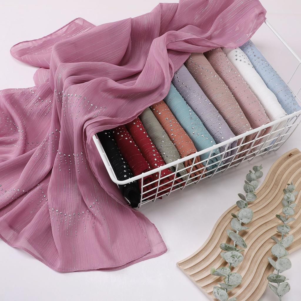 Luxury Rhinestone Chiffon Hijabs Woman Muslim Scarf Shawls Solid Lady Party Shawl Wraps Islamic Turban Female Headscarf Ramadan