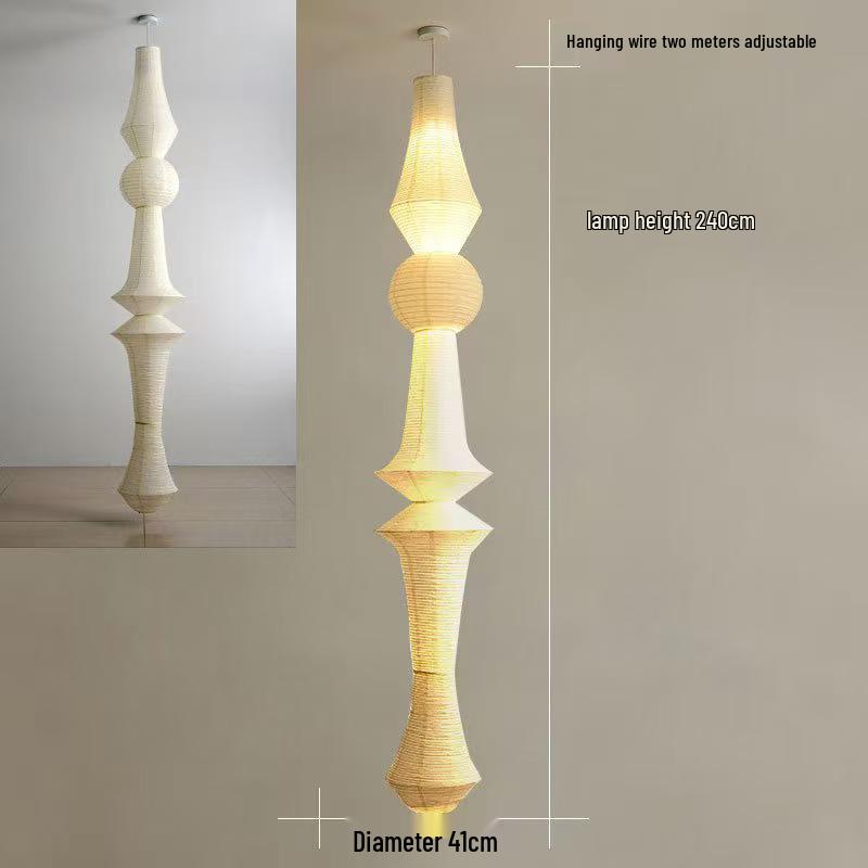 Japanese Wabi-sabi Style Isamu Noguchi Xuan Paper Long Vintage Chandelier for Aisles, Staircases, and Loft Window Displays.
