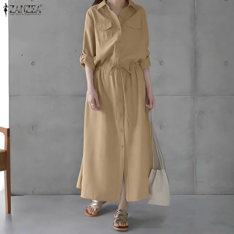 ZANZEA Women Casual Turn Down Collar Long Sleeve Loose Long Shirt Dress