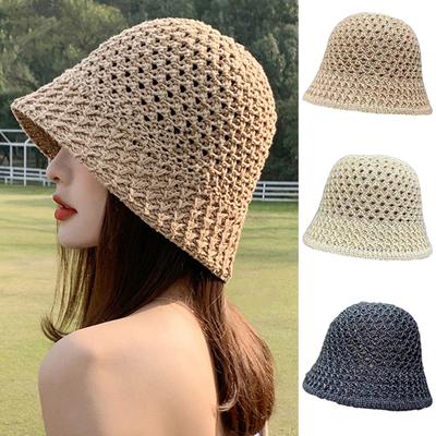 Einfarbiger geflochtener Bucket Hat für Damen Sommer Aushöhlen Atmungsaktiver Strandhut Gestrickte Kuppel Fischerhüte Damen Sonnenschutz Panama Hut