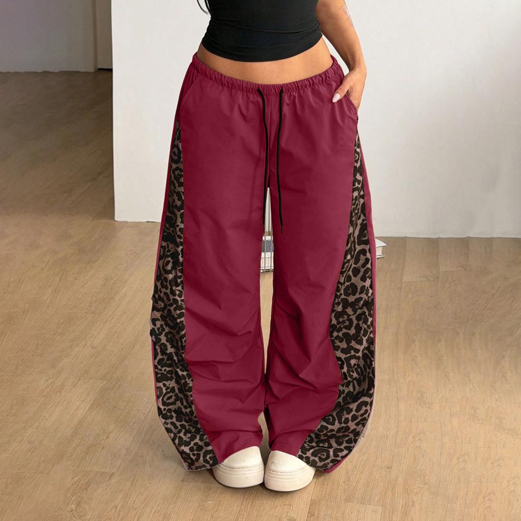 Pantaloni da donna a gamba larga con stampa leopardata, vita elasticizzata e fluidi, per abbigliamento casual