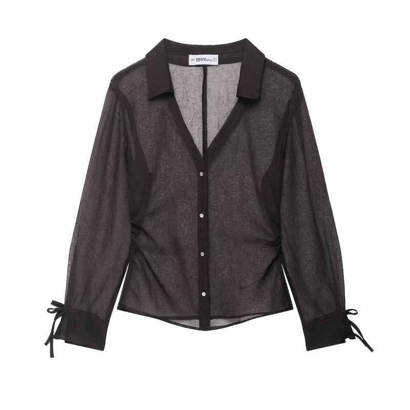 

Zbzr Весна Новинка Женская одежда Западный стиль V-образный вырез Длинный рукав Декорация бантом Полупрозрачные рубашки 8615737 Dark brown L