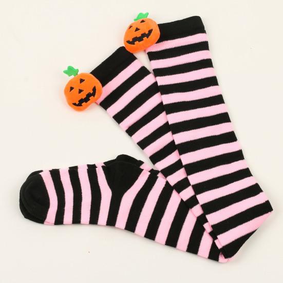1 par de meias de Halloween acima do joelho, engraçadas, desenho animado, abóbora, listradas, contraste de cor, macias, manter aquecido, alta elasticidade, cor sólida, meias de inverno na coxa