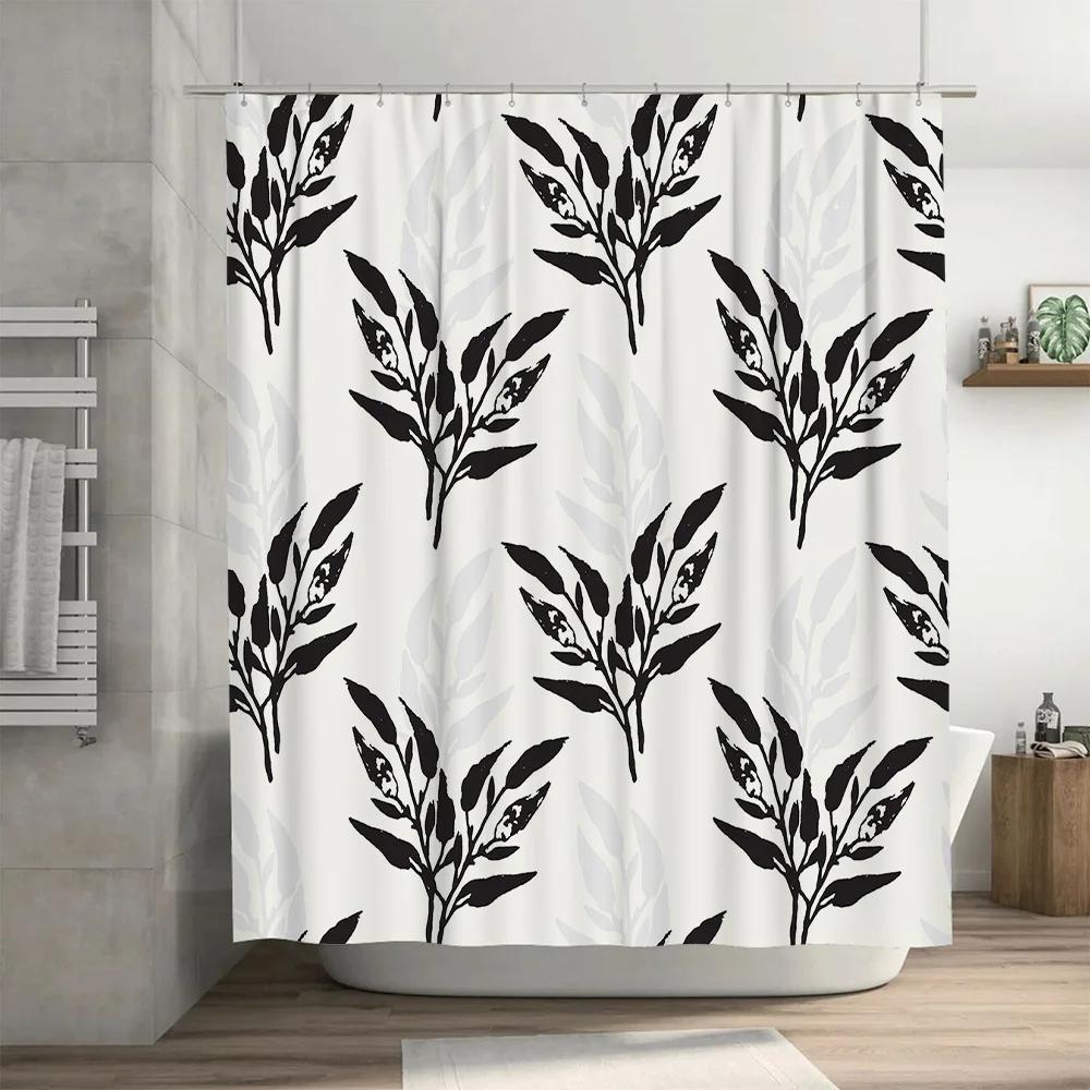 White Bath Mat Black And White Floral Pattern Shower Curtain Polyester Waterproof Home Decor
