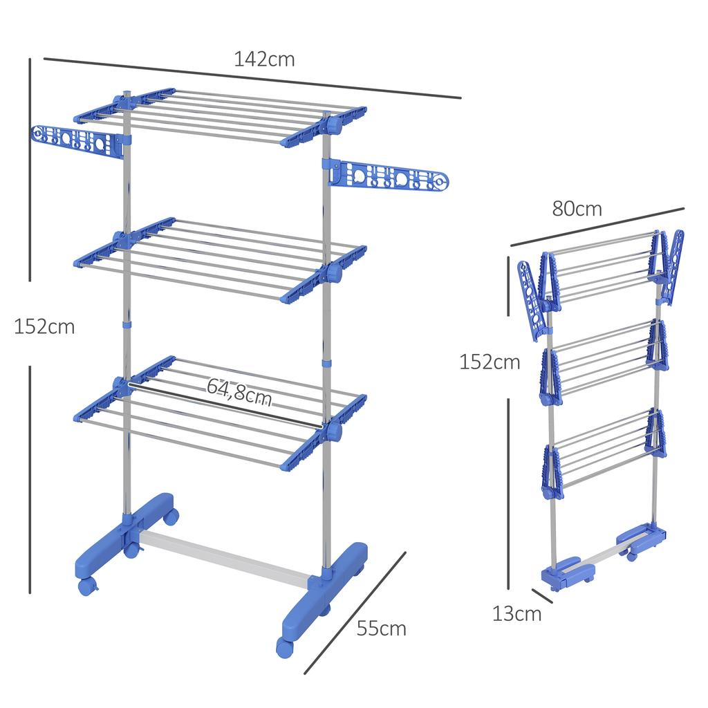 Foldable 3-Tier Clothes Drying Rack with Side Wings, 142x55x152cm, Blue