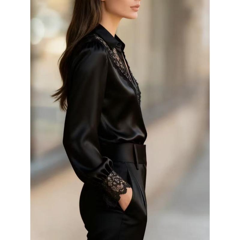 White Women's Shirt Spring and Autumn Lace V-neck Long Sleeve Loose Casual Satin Shirts Women Solid Color Single Breasted Simple Office Lady Blouse