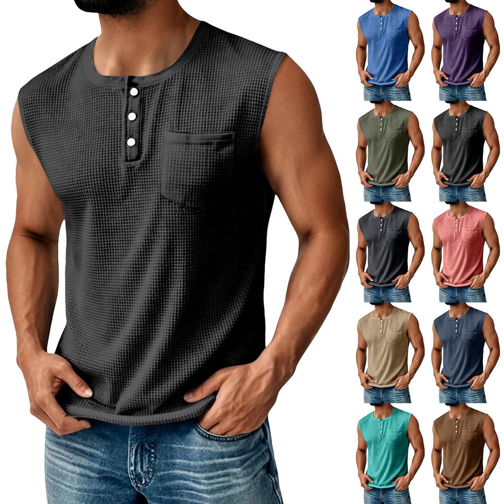 Canotta Henley da uomo in maglia senza maniche con taschino sul petto e chiusura a bottoni, vestibilità casual atletica per l'uso quotidiano