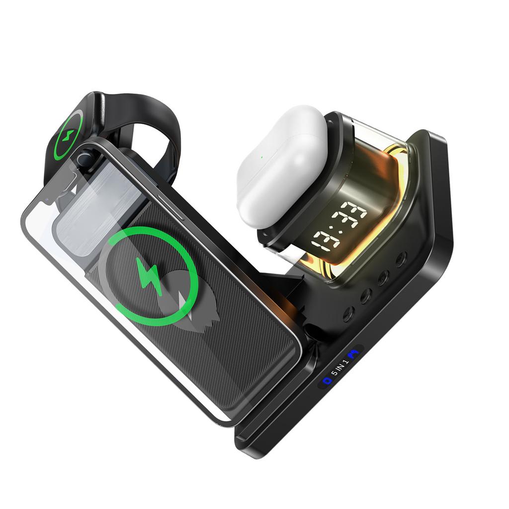 Stație de încărcare 5 în 1 Ceas Funcție Lumină de noapte Încărcător wireless portabil pentru Telefon mobil Ceas
