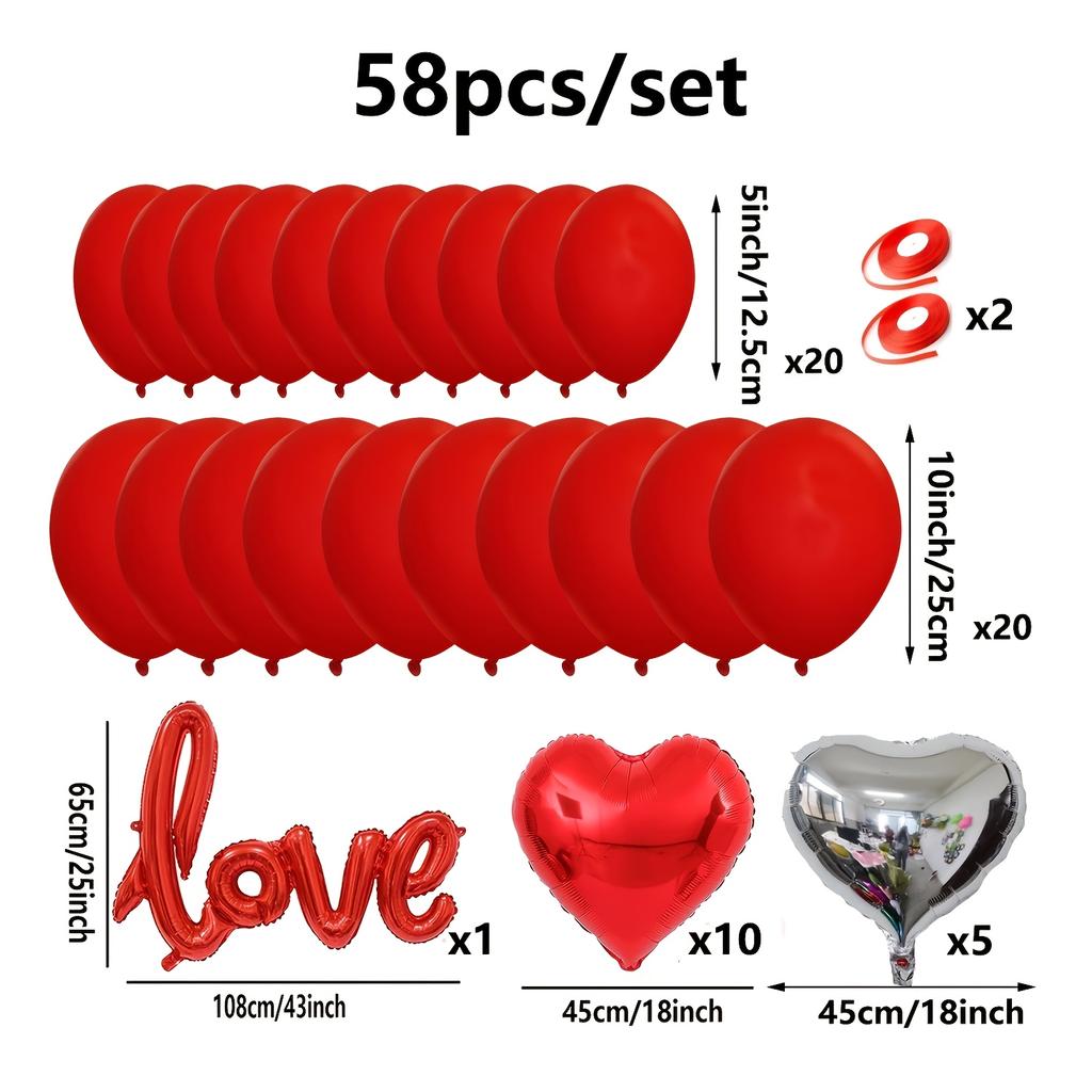 58pcs Valentine's Day Love Balloon Set - Perfect for Weddings, Engagements, and Anniversaries - Mixed Colors, Aluminum Foil, No Power Required