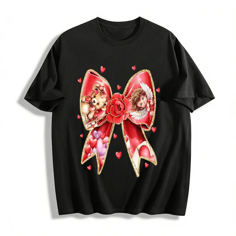 Valentine s Day Bear Angel Bow Print Casual Top Pure cotton T-shirt XXS