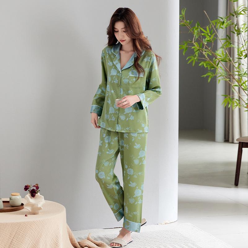 Spring new ice silk pajamas women's new Chinese thin long-sleeved jacquard national style cardigan loungewear set can be worn outside