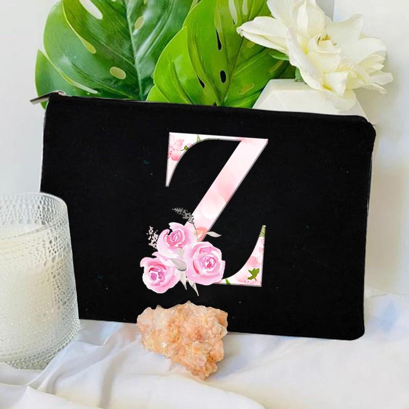Damen Tasche Make-up Tasche Brautjungfer Make-up Taschen Blumen Alphabet Druck Leinen Reißverschluss Tasche Reise Organizer Etui Mujer Bolsas Kosmetik
