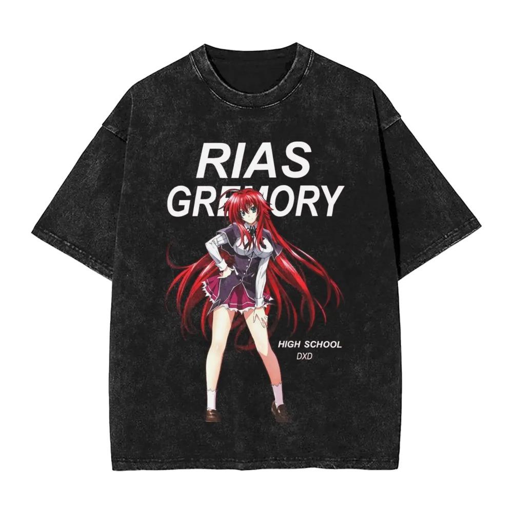 High School DxD Rias Gremory Vintage Anime T-Shirt, Unisex Otaku Streetwear Tee, Washed Cotton Casual Short Sleeve Top