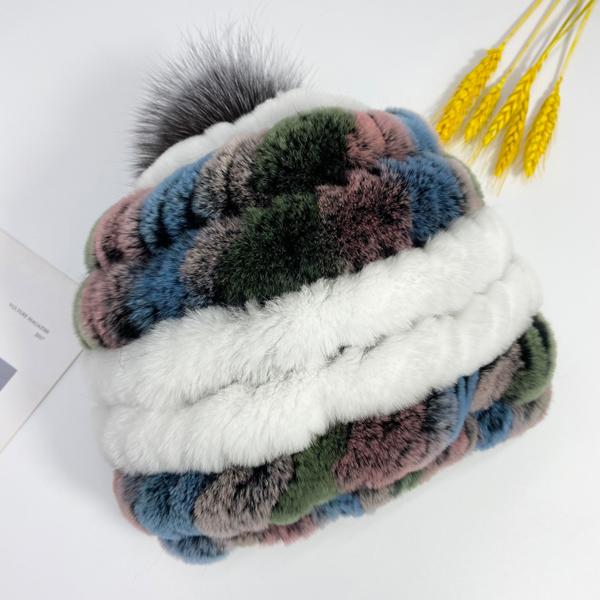 Heißer Kaninchen Fell Pompon Hüte Frauen Winter Flauschigen Warme Gestrickte Elastische Mützen Fuchs Echtpelz Stricken Hut Weiche Elastische Gestreiften Skullies