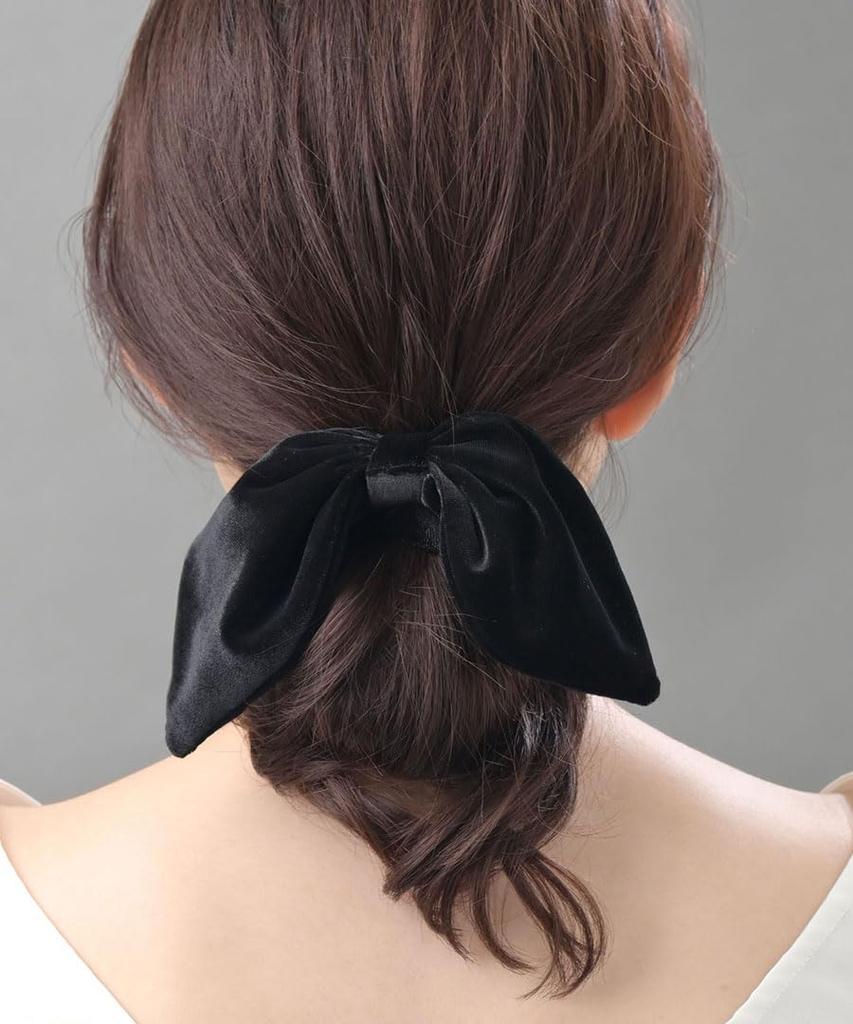 VINGTAINE Velvet Ribbon Scrunchie Hair Women's Tie, 2-Way, Detachable, Elegant, H7930-BLACK