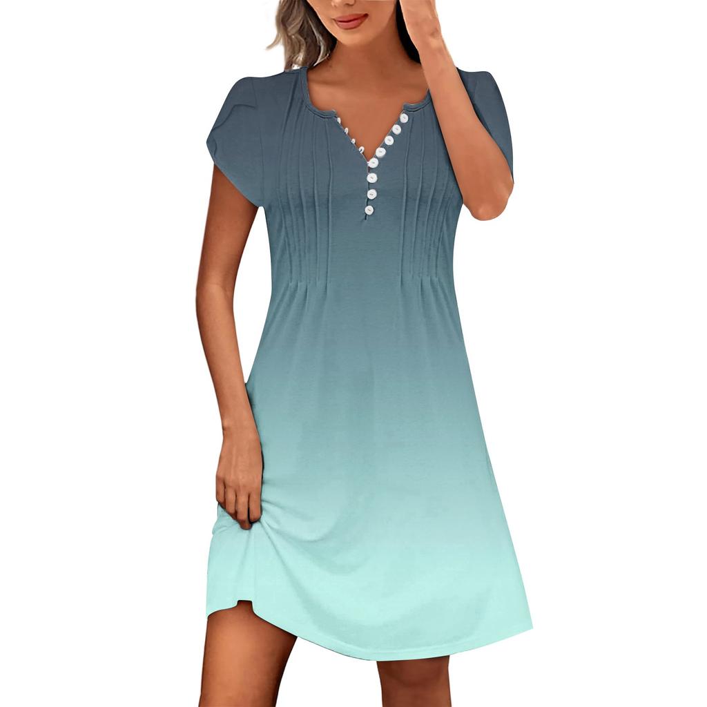 Women's Summer Button V-Neck Petal Sleeve Striped Gradient Bohemian Beach Dresses