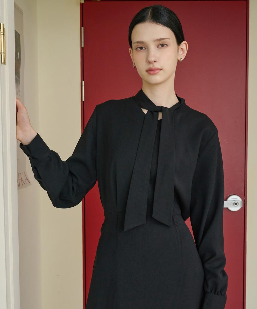 Bye Bye Seop Ribbon Scarf Long Dress Black [T43]