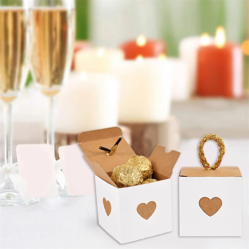 10/50pcs White Brown Heart Candy Gift Boxes Wedding Favors for Guests Birthday Party Baby Shower Chocolate Cookie Packaging Box