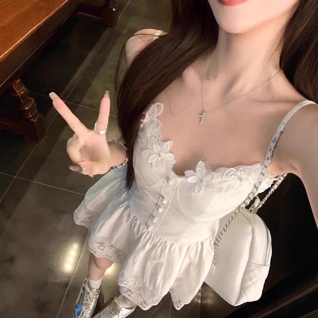 Pure Desire Wind Fairy Small White Dress Korean Waist Design Splicing Lace Off the Shoulder Sleeveless High-end Sexy Skirt Woman