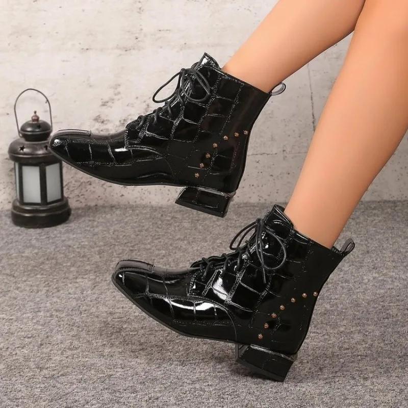 Fashion New Rivet Block Heel Lace-Up Booties Autumn and Winter Women's Square Toe Temperament Middle Leg Boots