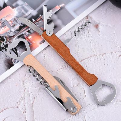 Multifunctional Wood Wine Corkscrew, Wooden Handle Stainless Steel Beer Bottle Opener, Can Opener, Custom Logo Gift