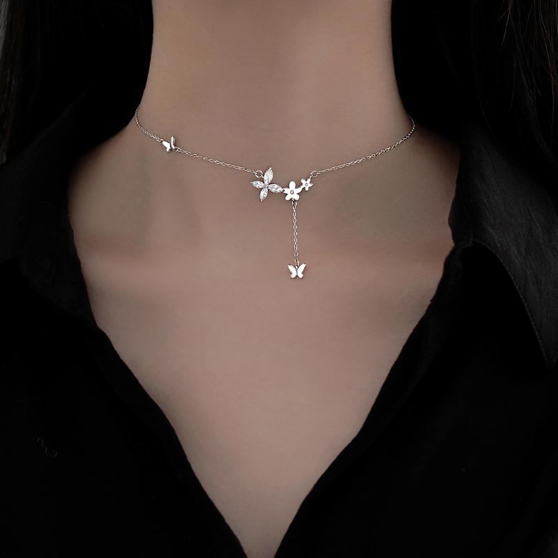 925 Silver Flower Necklace Women Simple Elegant Shiny Zircon Butterfly Tassel Clavicle Chain Wedding Jewelry Gift