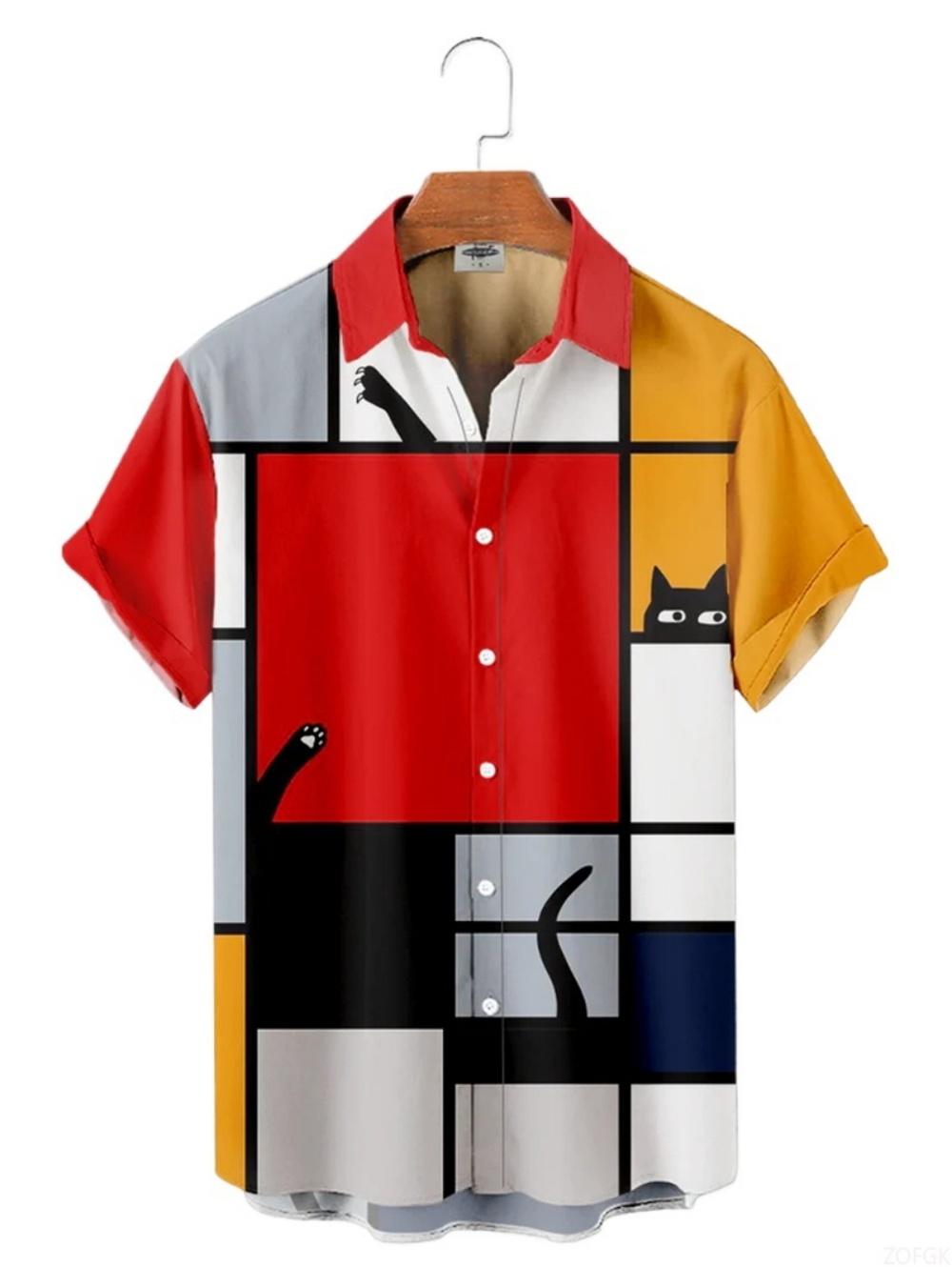 Men s Cat Graphic 3D Printed Short-Sleeved Shirt Casual Lapel Loose Fit Tops Hawaiian Style Trendy and Fashionable Men s Shirt S