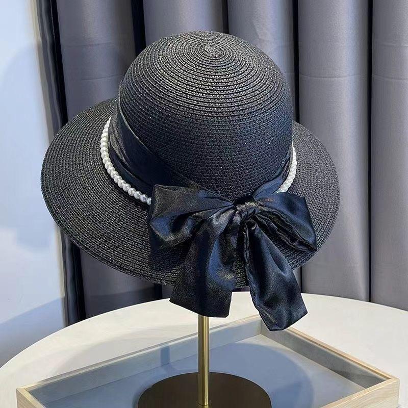 

New Women Summer Hats Straw Sun Hat Panama Elegant Straw Fedoras Lady Girl Outdoor Vacation with Pearl Chain Sunshade Beach Hat 54-59cm чорний