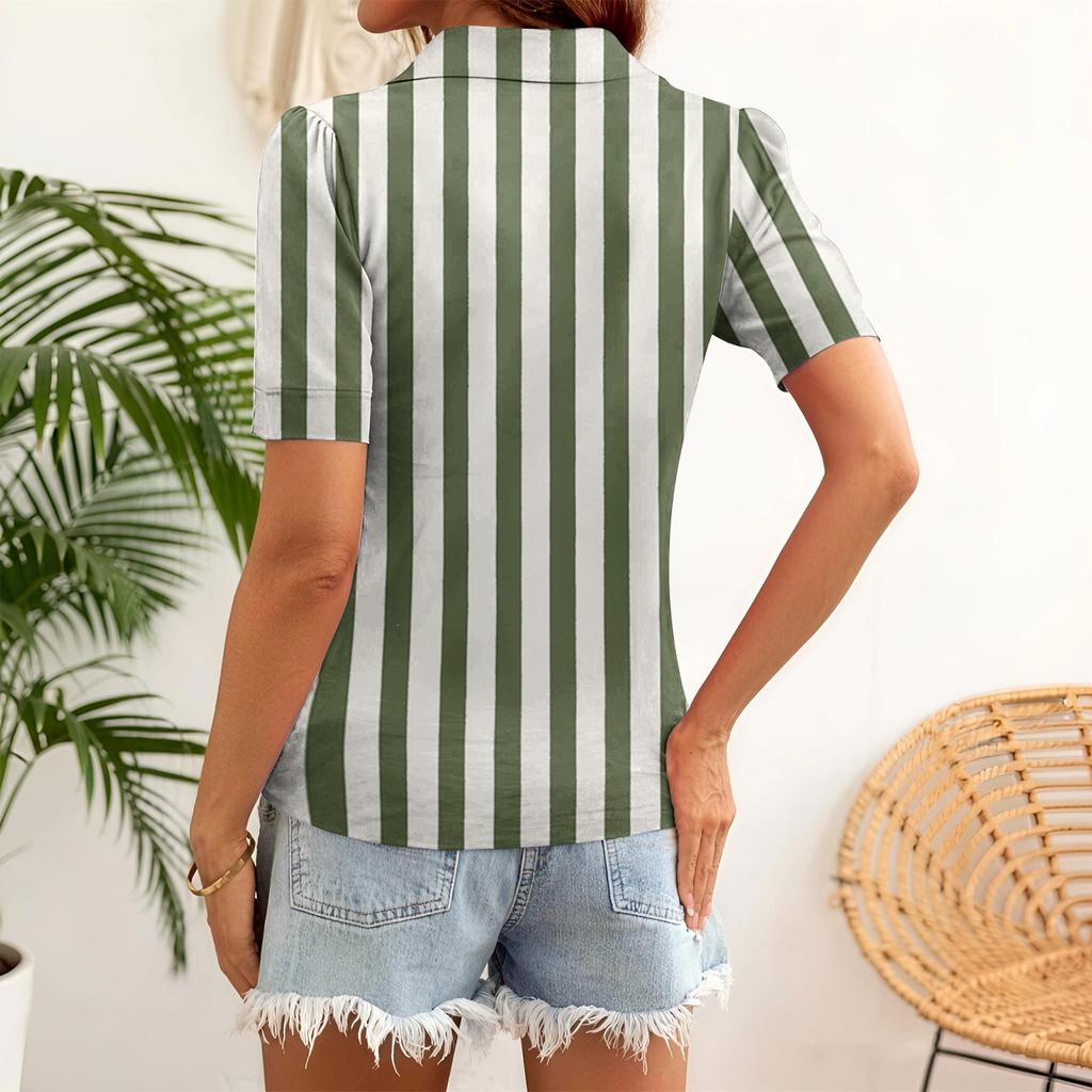 Women Casual Short Sleeve V Neck Shirt Striped Pattern Lightweight Relaxed Fit Blouse Suitable for Daily Wear and Outdoor Activities