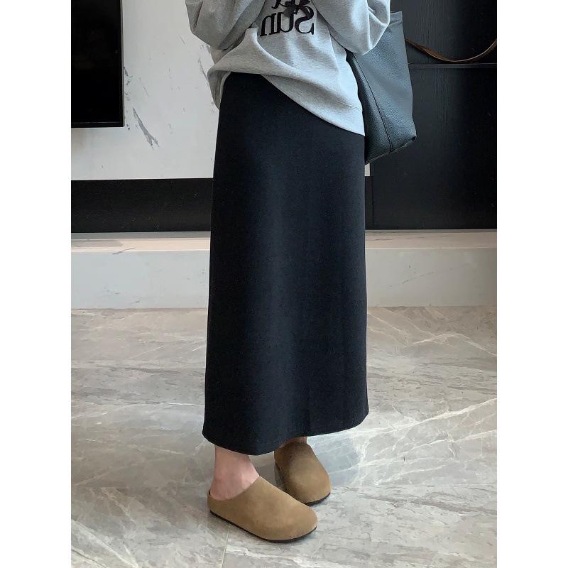 Women s Deep Gray Wool Tweed Midi A-line Skirt, 2026 Spring/Autumn Collection, Elastic High Waist. S чёрный
