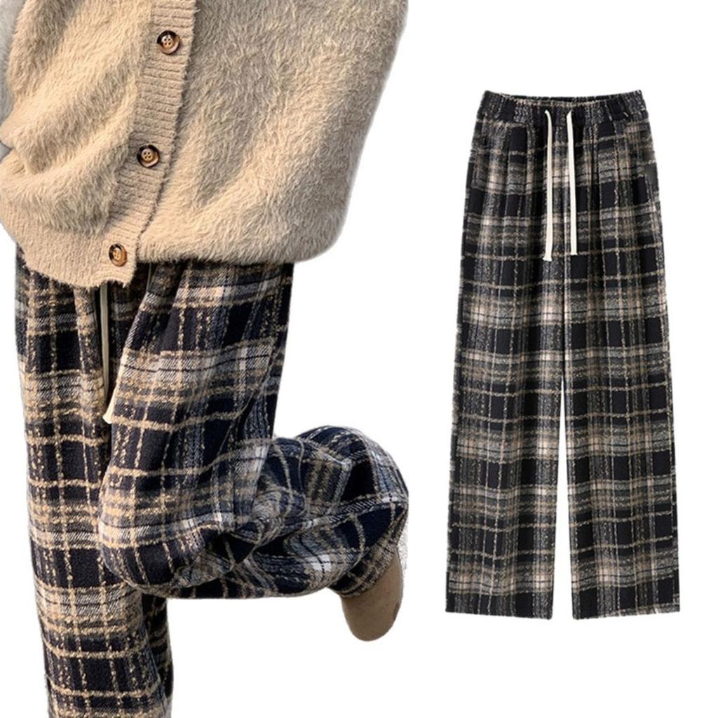 Marineblaue und karierte Samthose für Kinder im Herbst und Winter, hochtailliert und figurbetont, weite Beinhose, lässige und dicke Hose