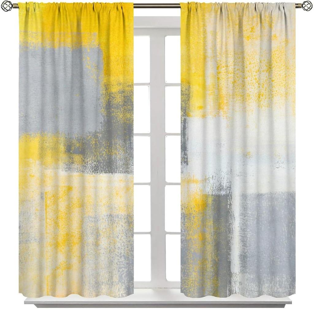 Yellow Abstract Window Curtain, Modern Abstract Rust Art Painting Print Window Drapes for Living Room Bedroom 42" W X 45" L(No B