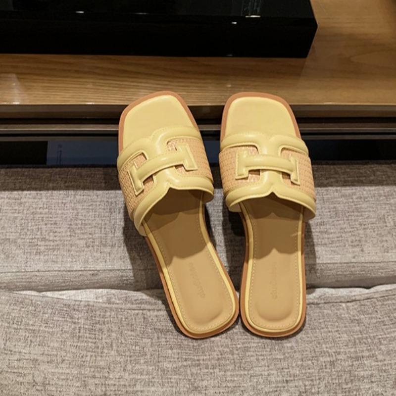 Sheepskin holiday style square head straw slippers women's summer outer wear splicing versatile contrasting color cool slippers