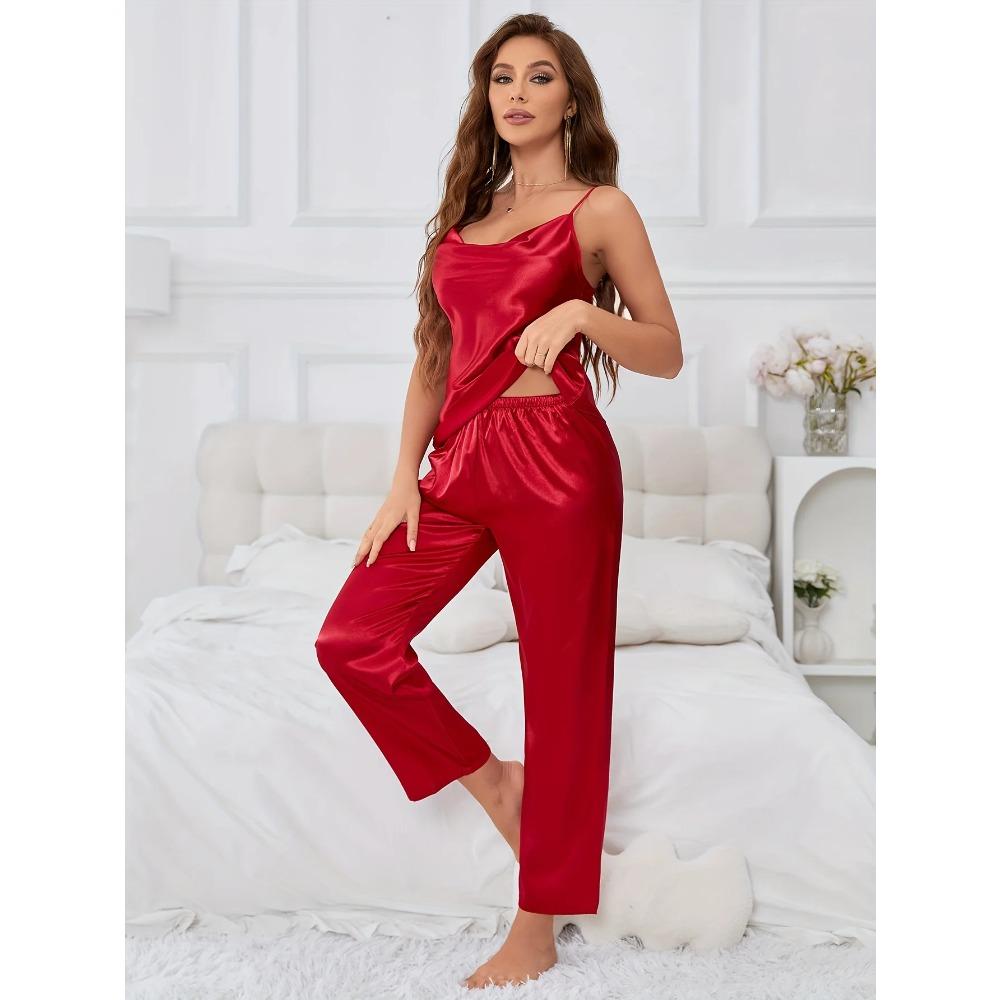Sexy Solid Satin Pajamas Sets Sleeveless Loungewear Simple Breathable Sleepwear for Women