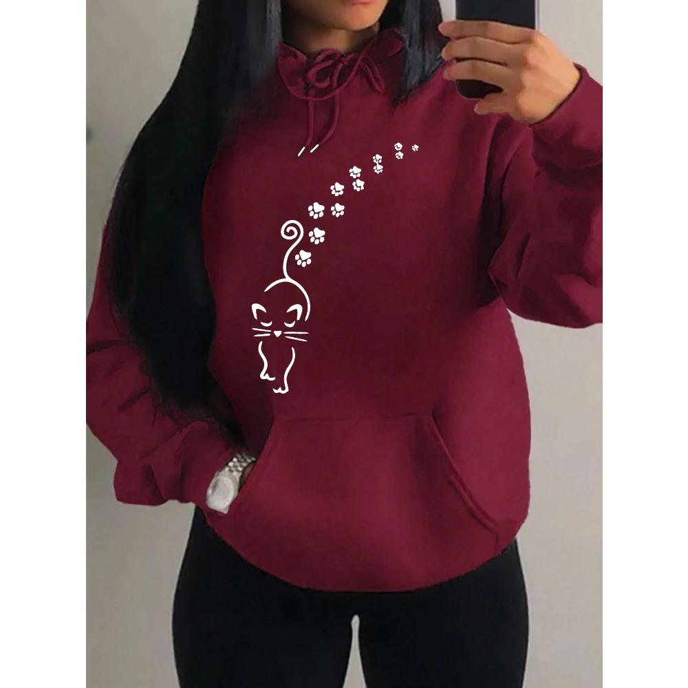Cats And Footprints Creative Design Female Sweatshirt Hip Hop Pocket Hoodies Creativity Warm Pullover Street Style Fleece