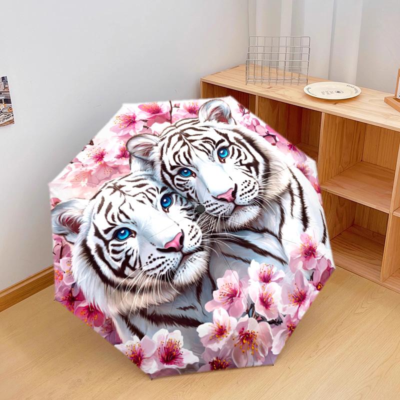 1 PC Automatic Folding Umbrella - White Tiger Pattern, Portable & Foldable Design with 8 Ribs, Christmas Birthday Gifts