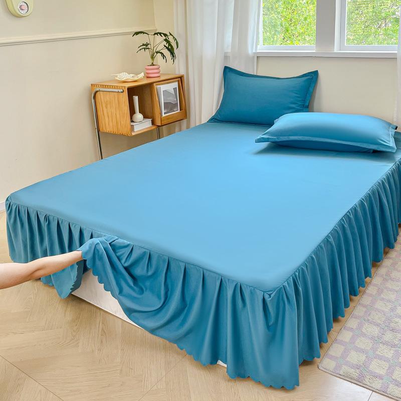 White Ruffled Bed Skirt Solid Color Dust Ruffle Cover with Elastic Cotton Washed Bedspread Non-Slip Mattress Protector Four Season Universal Bedding