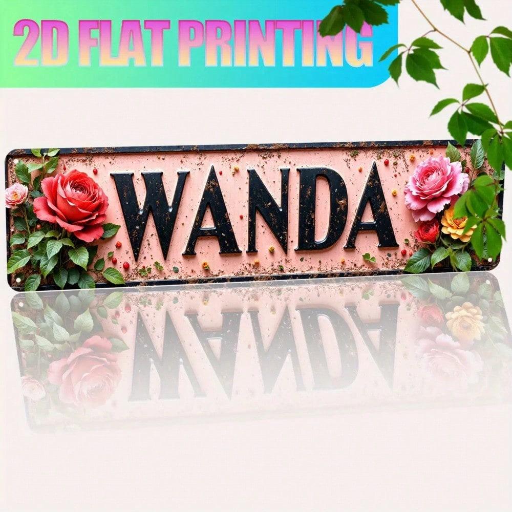 Vintage WANDA Metal Wall Sign, Rustic Pink & Burgundy Rose, 2D Flat Farmhouse Decor, Durable Aluminum Finish