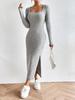 Abito aderente a coste con scollo quadrato, stile autunno/inverno europeo e americano - Modello aderente che valorizza la vita e i fianchi, con spacco e maniche lunghe per un look sexy e provocante.