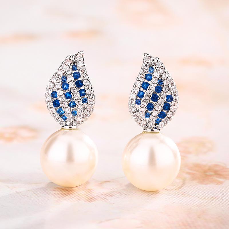 Herbst und Winter Schmuck Perlenset Imitation Naturperle Royal Saphir Halskette Ohrstecker